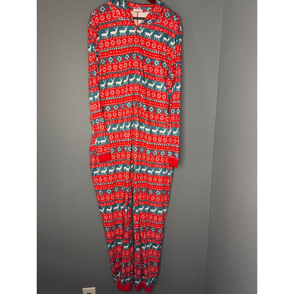Christmas Reindeer Onesie Pajamas Adult L Hooded Elk Antlers Zip Up Ekouaer
